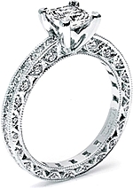 This image shows the setting with a 1.25ct princess cut diamond. The setting can be ordered to accommodate any shape/size diamond listed in the setting details section below. 