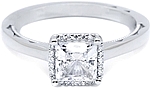 This image shows the setting with a .85ct princess cut center diamond. The setting can be ordered to accomodate any shape/size diamond listed in the setting details section below.