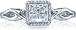 This image shows the setting with a .75ct princess cut center diamond. The setting can be ordered to accommodate any shape/size diamond listed in the setting details section below.