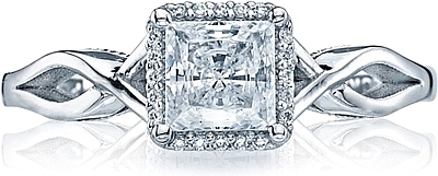 This image shows the setting with a .75ct princess cut center diamond. The setting can be ordered to accommodate any shape/size diamond listed in the setting details section below.