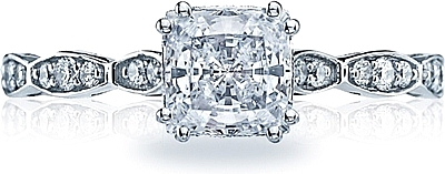 This image shows the setting with a .85ct princess cut center diamond. The setting can be ordered to accommodate any shape/size diamond listed in the setting details section below.