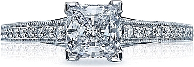 This image shows the setting with a .85ct princess cut center diamond. The setting can be ordered to accommodate any shape/size diamond listed in the setting details section below.