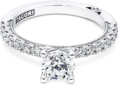 This image shows the setting with a .90ct round brilliant cut center diamond. The setting can be ordered to accommodate any shape/size diamond listed in the setting details section below.