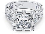 This image shows the setting with a 3.00ct princess cut center diamond. The setting can be ordered to accomodate any shape/size diamond listed in the setting details section below. 