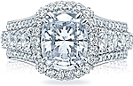 This image shows the setting with a 3.50ct cushion cut center diamond. The setting can be ordered to accommodate any shape/size diamond listed in the setting details section below.