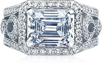 This image shows the setting with a 3.00ct emerald cut center diamond. The setting can be ordered to accommodate any shape/size diamond listed in the setting details section below.