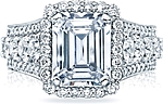 This image shows the setting with a 3.25ct emerald cut center diamond. The setting can be ordered to accommodate any shape/size diamond listed in the setting details section below.