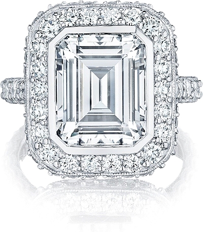 This image shows the setting with a 4.00ct emerald cut center diamond. The setting can be ordered to accommodate any shape/size diamond listed in the setting details section below.