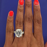 This image shows the setting with a 3.00ct emerald cut center diamond. The setting can be ordered to accommodate any shape/size diamond listed in the setting details section below.