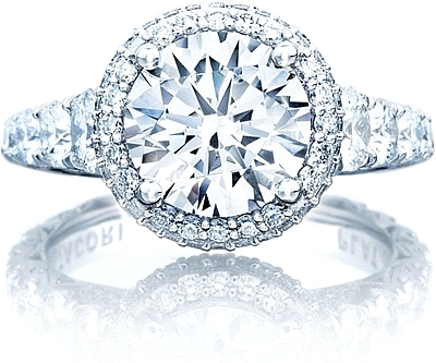 This image shows the ring with a 2.50ct round brilliant cut center diamond but can be ordered to accommodate any shape or size diamond listed below.