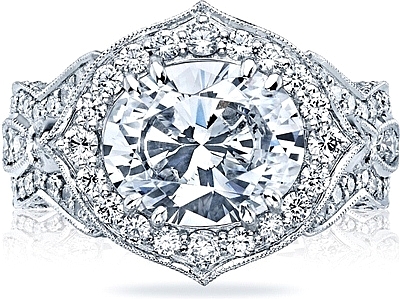 This image shows the setting with a 4.00ct oval cut center diamond. The setting can be ordered to accommodate any shape/size diamond listed in the setting details section below.