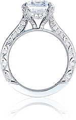 This image shows the setting with a 3.00ct emerald cut center diamond. The setting can be ordered to accommodate any shape/size diamond listed in the setting details section below.