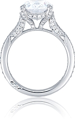 This image shows the setting with a 3.50ct emerald cut center diamond. The setting can be ordered to accommodate any shape/size diamond listed in the setting details section below.