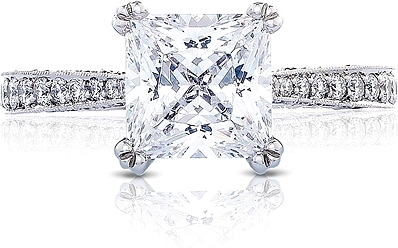 This image shows the setting with a 3.00ct emerald cut center diamond. The setting can be ordered to accommodate any shape/size diamond listed in the setting details section below.