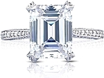 This image shows the setting with a 3.00ct emerald cut center diamond. The setting can be ordered to accommodate any shape/size diamond listed in the setting details section below.