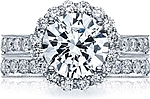 This image shows the setting with a 3.15ct round cut center diamond. The setting can be ordered to accommodate any shape/size diamond listed in the setting details section below. Matching wedding band is sold separately.
