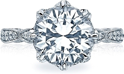 This image shows the setting with a 3.50ct round cut center diamond. The setting can be ordered to accommodate any shape/size diamond listed in the setting details section below.