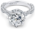 This image shows the setting with a 3.00ct round brilliant cut center diamond. The setting can be ordered to accomodate any shape/size diamond listed in the setting details section below.