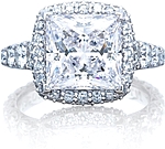 This image shows the ring with a 3.00ct princess cut center diamond but can be ordered to accommodate any shape or size diamond listed below.