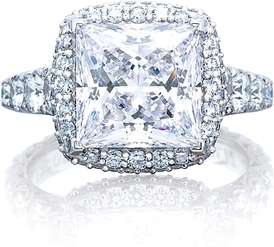 This image shows the ring with a 3.00ct princess cut center diamond but can be ordered to accommodate any shape or size diamond listed below.