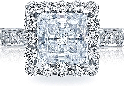 This image shows the setting with a 3.50ct princess cut center diamond. The setting can be ordered to accommodate any shape/size diamond listed in the setting details section below.