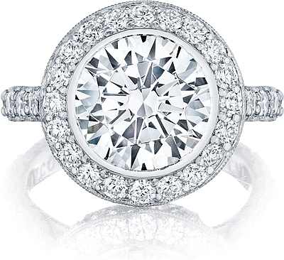 This image shows the setting with a 3.50ct round cut center diamond. The setting can be ordered to accommodate any shape/size diamond listed in the setting details section below.