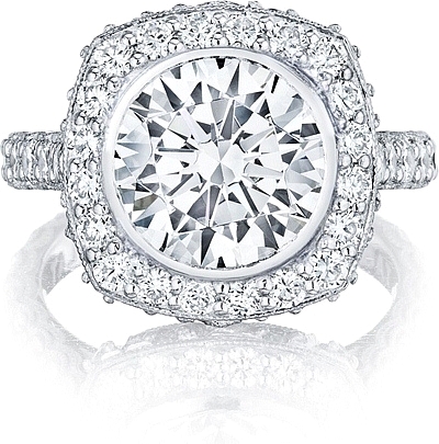 This image shows the setting with a 3.50ct round cut center diamond. The setting can be ordered to accommodate any shape/size diamond listed in the setting details section below.