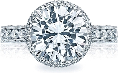 This image shows the setting with a 3.50ct round cut center diamond. The setting can be ordered to accommodate any shape/size diamond listed in the setting details section below.