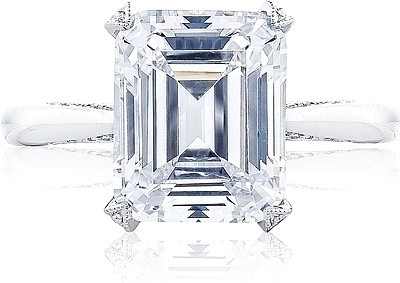 This image shows the setting with a 3.00ct emerald cut center diamond. The setting can be ordered to accommodate any shape/size diamond listed in the setting details section below.