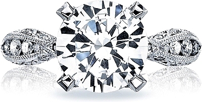 This image shows the setting with a 3.15ct round cut center diamond. The setting can be ordered to accommodate any shape/size diamond listed in the setting details section below.