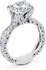 This image shows the setting with a 3.00ct round brilliant cut center diamond. The setting can be ordered to accomodate any shape/size diamond listed in the setting details section below. 
