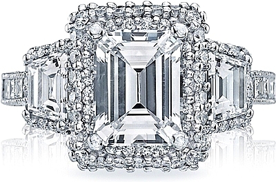 This image shows the setting with a 2.15ct emerald cut center diamond. The setting can be ordered to accommodate any shape/size diamond listed in the setting details section below.