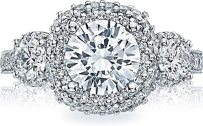 This image shows the setting with a 2.25ct cushion cut center diamond. The setting can be ordered to accommodate any shape/size diamond listed in the setting details section below.