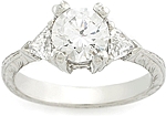 This image shows the setting with a 1.25ct round brilliant cut center diamond. The setting can be ordered to accomodate any shape/size diamond listed in the setting details section below.