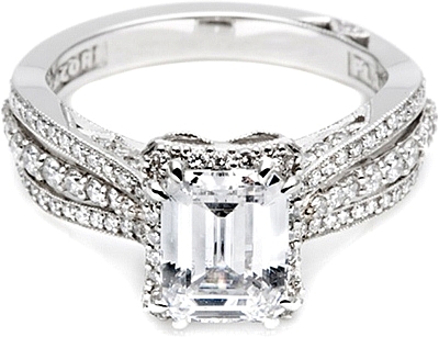 This image shows the setting with a 1.50ct emerald cut center diamond. The setting can be ordered to accommodate any shape/size diamond listed in the setting details section below.