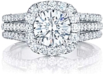 This image shows the setting with a 2.25ct cushion cut center diamond. The setting can be ordered to accommodate any shape/size diamond listed in the setting details section below.