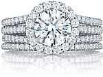 This image shows the setting with a 1.00ct round brilliant cut center diamond. The setting can be ordered to accommodate any shape/size diamond listed in the setting details section below. Shown with the matching wedding band; Sold separately.
