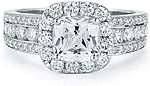This image shows the setting with a 1.00ct cushion cut center diamond. The setting can be ordered to accommodate any shape/size diamond listed in the setting details section below.
