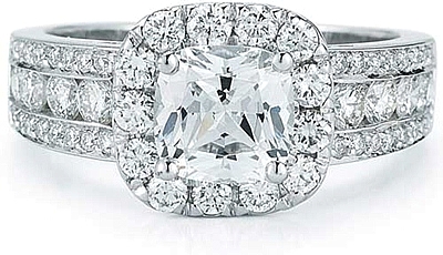 This image shows the setting with a 1.00ct cushion cut center diamond. The setting can be ordered to accommodate any shape/size diamond listed in the setting details section below.
