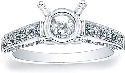 This image shows the setting with a basket made to hold a 1.00ct round brilliant cut center diamond. The setting can be ordered to accommodate any shape/size diamond listed in the setting details section below.