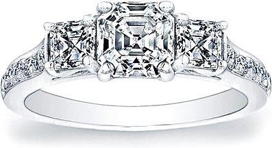 This image shows the setting with a 1.00ct asscher cut center diamond. The setting can be ordered to accommodate any shape/size diamond listed in the setting details section below.