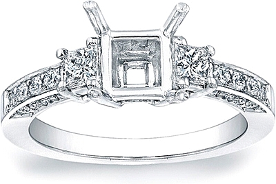 This image shows the setting with a basket made to hold a 1.00ct princess cut center diamond. The setting can be ordered to accommodate any shape/size diamond listed in the setting details section below.