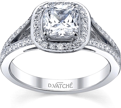 This image shows the setting with a 1.00ct cushion cut center diamond. The setting can be ordered to accommodate any shape/size diamond listed in the setting details section below.