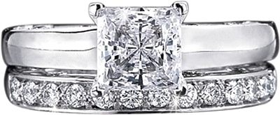 This image shows the setting with a 1.25ct princess cut center diamond. The setting can be ordered to accommodate any shape/size diamond listed in the setting details section below. The matching wedding band is sold separately.