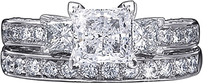 This image shows the setting with a 1.25ct princess cut center diamond. The setting can be ordered to accommodate any shape/size diamond listed in the setting details section below. The matching wedding band is sold separately.