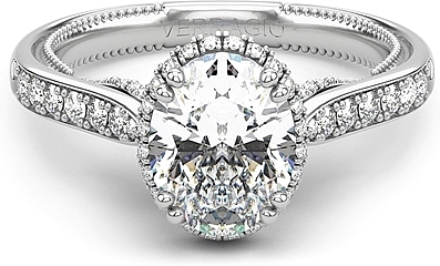 This image shows the setting with a 1.00ct oval cut center diamond. The setting can be ordered to accommodate any shape/size diamond listed in the setting details section below.