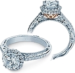 This image shows the setting with a 1ct round brilliant cut center diamond. The setting can be ordered to accommodate any shape/size diamond listed in the setting details section below.