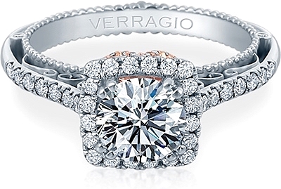 This image shows the setting with a 1ct round brilliant cut center diamond. The setting can be ordered to accommodate any shape/size diamond listed in the setting details section below.