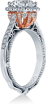 This image shows the setting with a 1ct round brilliant cut center diamond. The setting can be ordered to accommodate any shape/size diamond listed in the setting details section below.