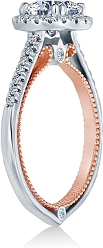 This image shows the setting with a 1ct round cut center diamond. The setting can be ordered to accommodate any shape/size diamond listed in the setting details section below.